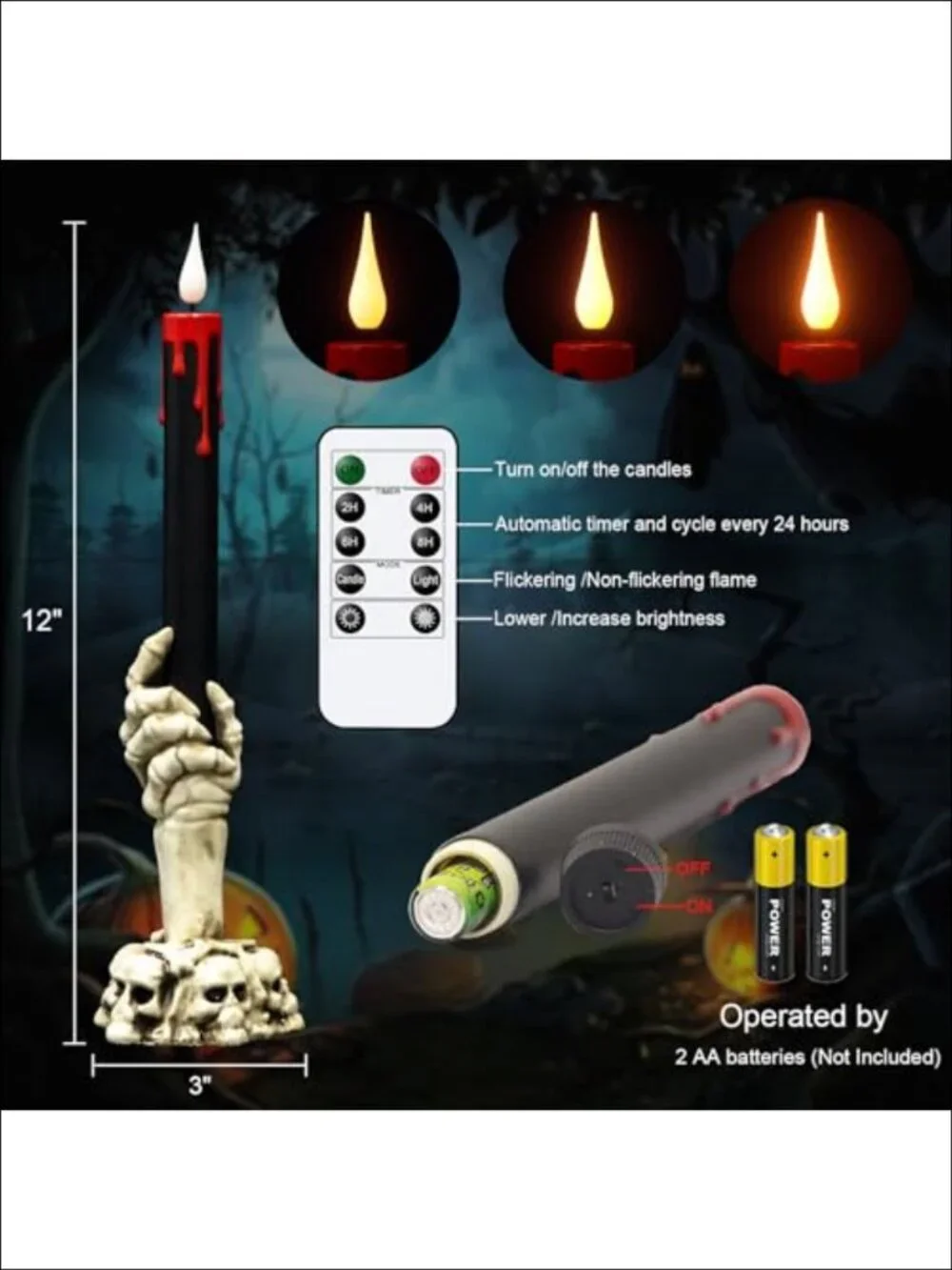 Flameless Taper Candles with Ghost Hand Holders Remote Timer 3D Flame Halloween_2